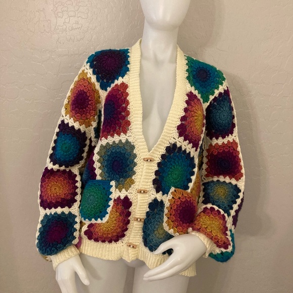 Sweaters - Vintage Custom Handmade Granny Square Cardigan Crotchet Sweater
